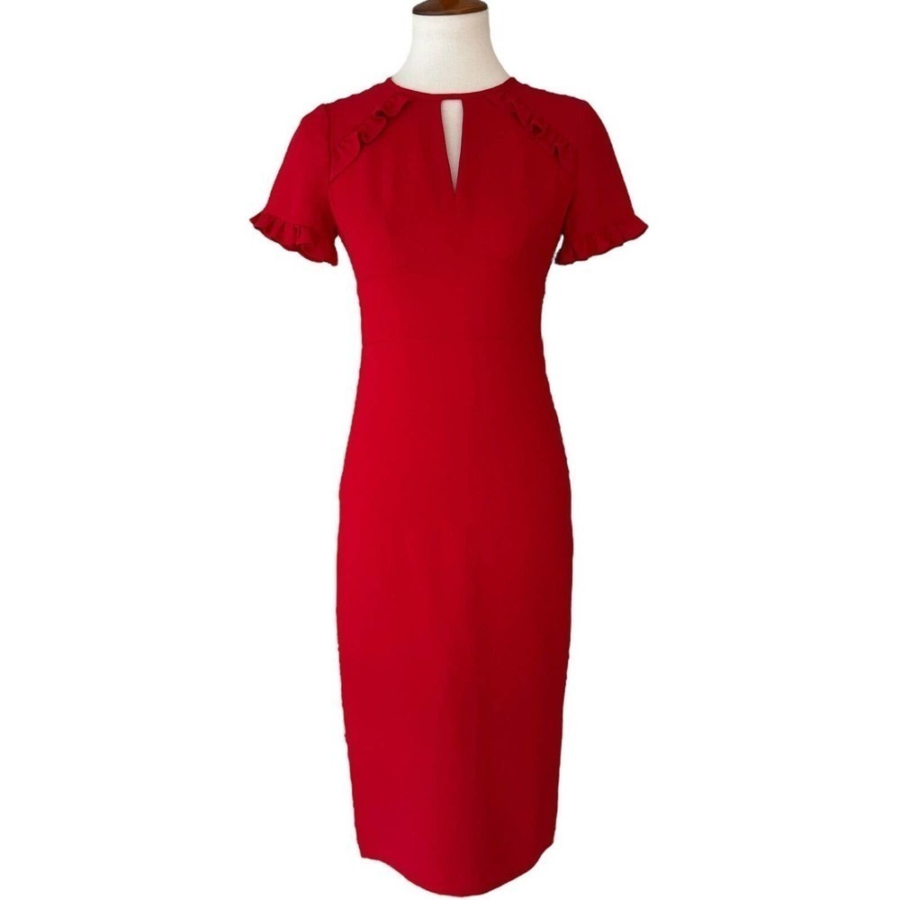 Shoshanna Red Ruffle Short Sleeve Keyhole Crew Neck Sheath Dress Size 0